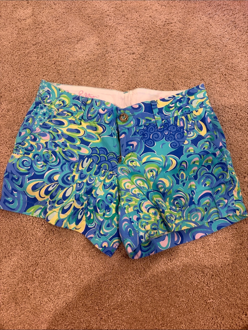 Lilly Pulitzer Teal, Blue & Yellow Swirl High-Waist Shorts